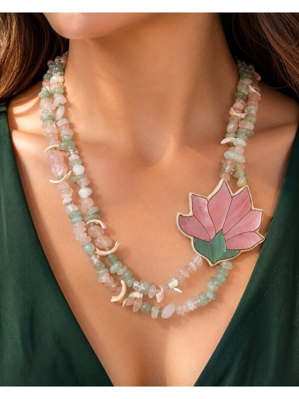 Lee Sands Quartz Mother Of Pearl Lotus Flower Multi Strand Statement Necklace
